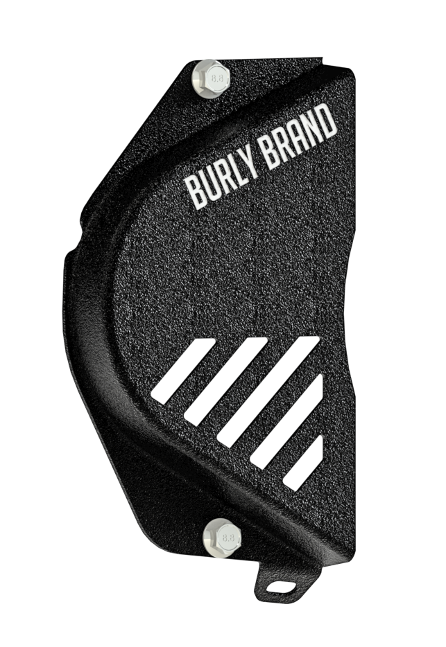 Black Burly Brand counter sprocket cover for motorcycle, part number 750-05853, with visible protective design.
