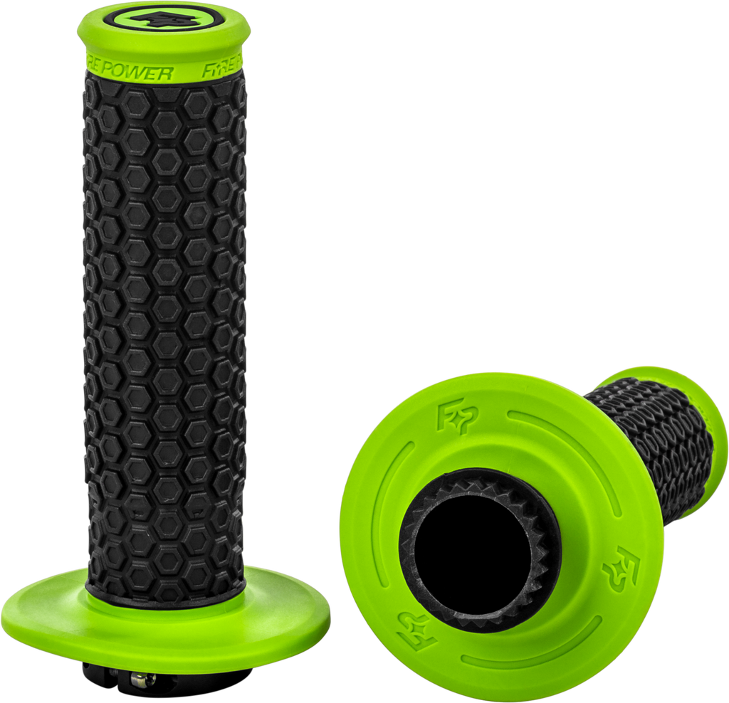 Green Fire Power Pilot Mx lock-on grips for motorcycle handlebars with textured surface for improved grip and control.