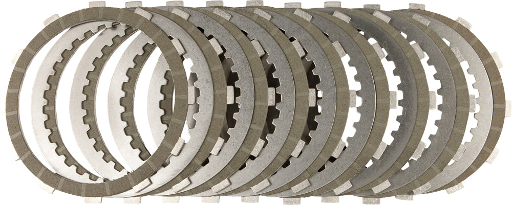 Energy One E1 clutch kit with frictions and plates for 5-speed and 6-speed transmissions, showing clutch components and plates.