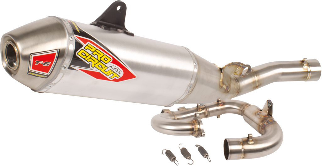 Pro Circuit T-6 stainless exhaust system with polished metal finish, showcasing the sleek, high-performance motorcycle exhaust design.