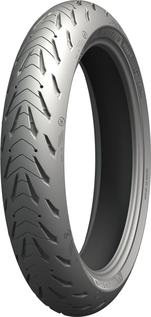 Michelin Road 5 front tire with 120/70 ZR17 radial design, showing tread pattern and sidewall branding on a motorcycle wheel.