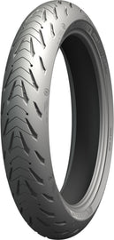 Michelin Road 5 front tire with 120/70 ZR17 radial design, showing tread pattern and sidewall branding on a motorcycle wheel.