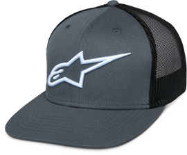 Alpine Star Corp Trucker hat in gray and black with mesh back and curved brim, casual headwear for outdoor activities.