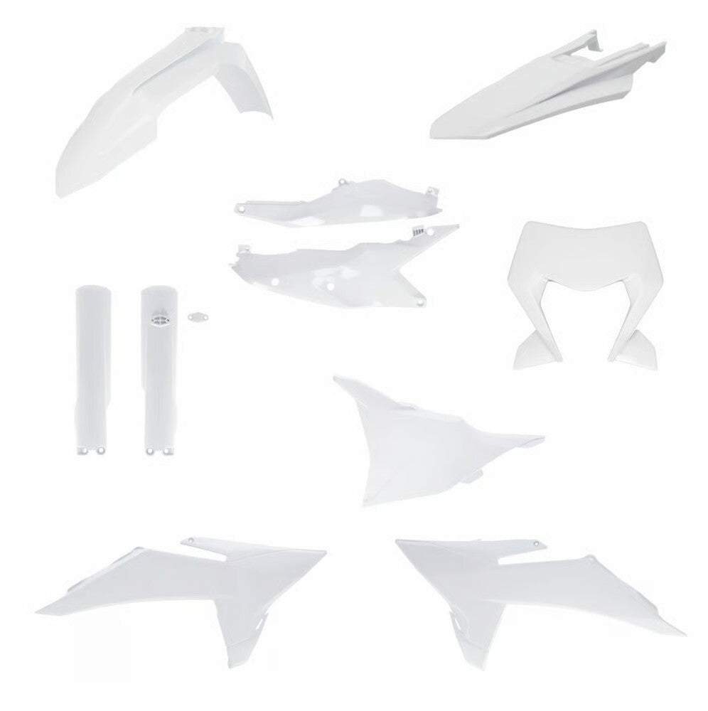 Acerbis full plastic body kit in white with panels and fenders for motorcycle or dirt bike repair and customization.