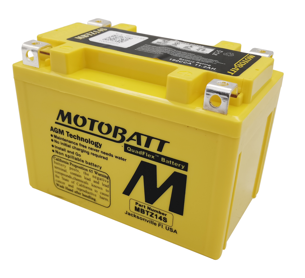 Motobatt MBTZ14S sealed factory-activated motorcycle battery with durable casing and terminals for reliable power.