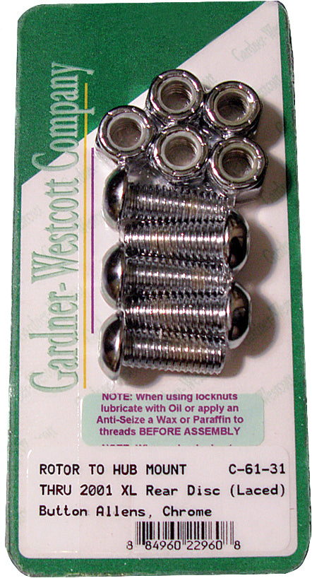 Gardner-Westcott rear brake rotor Allen bolts for 92-up Big Twin laced wheels, showing close-up of bolts on rotor.