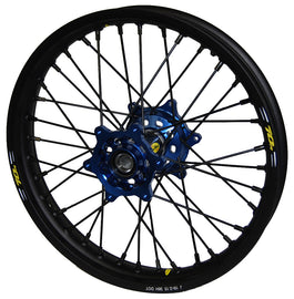 Pro-Wheel rear bicycle wheel with 18-inch blue hub, black rim, black spokes, and black nipples.