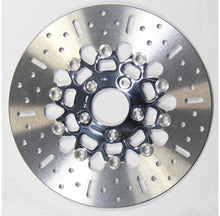 Load image into Gallery viewer, EBC Motorcycle Brakes V-Twin Street Rotor Md518, silver steel disc with drilled holes for improved cooling and performance.