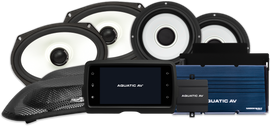 Aquatic AV Harley Package Fltr 14-23, audio/visual communication system, close-up of the product with connectors and branding