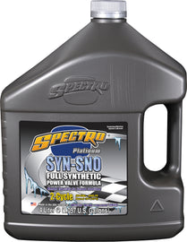 Spectro Platinum Syn Powervalve Oil 2T gallon container, high-performance synthetic motor oil for snowmobile engines.
