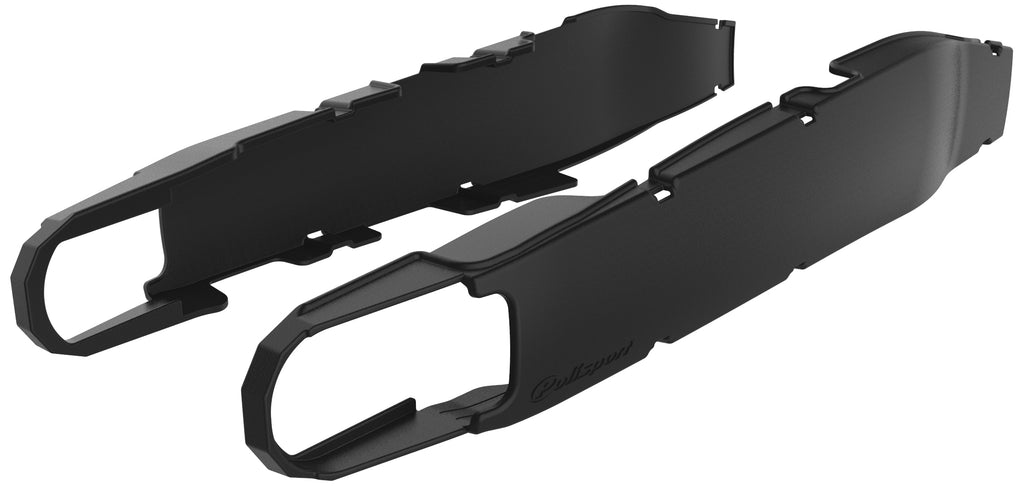 Polisport Plastics black swingarm protectors for motorcycles, showing close-up of durable plastic guards on bike's swingarm.