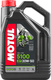 Motul 5100 4T 20W50 motorcycle engine oil in a 4-liter container, used for engine lubrication and maintenance.