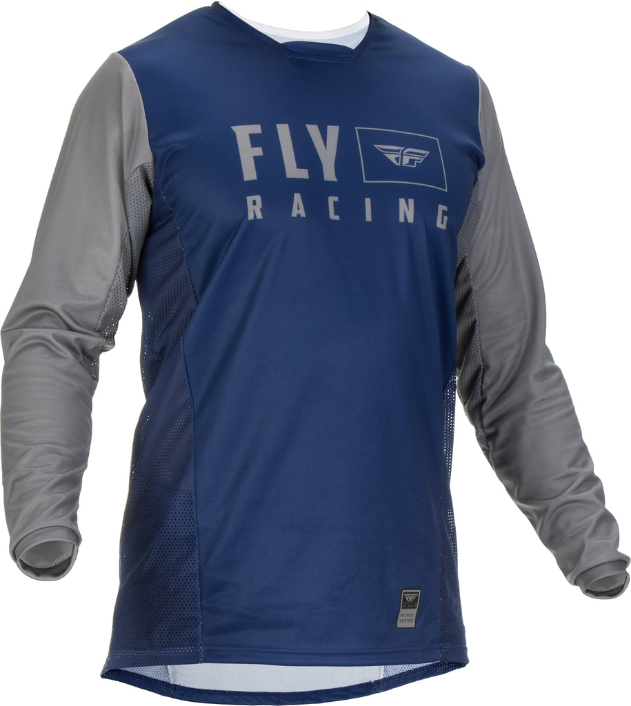 Fly Racing Patrol Navy jersey in size medium, featuring breathable fabric and lightweight design, ideal for motocross or casual wear.