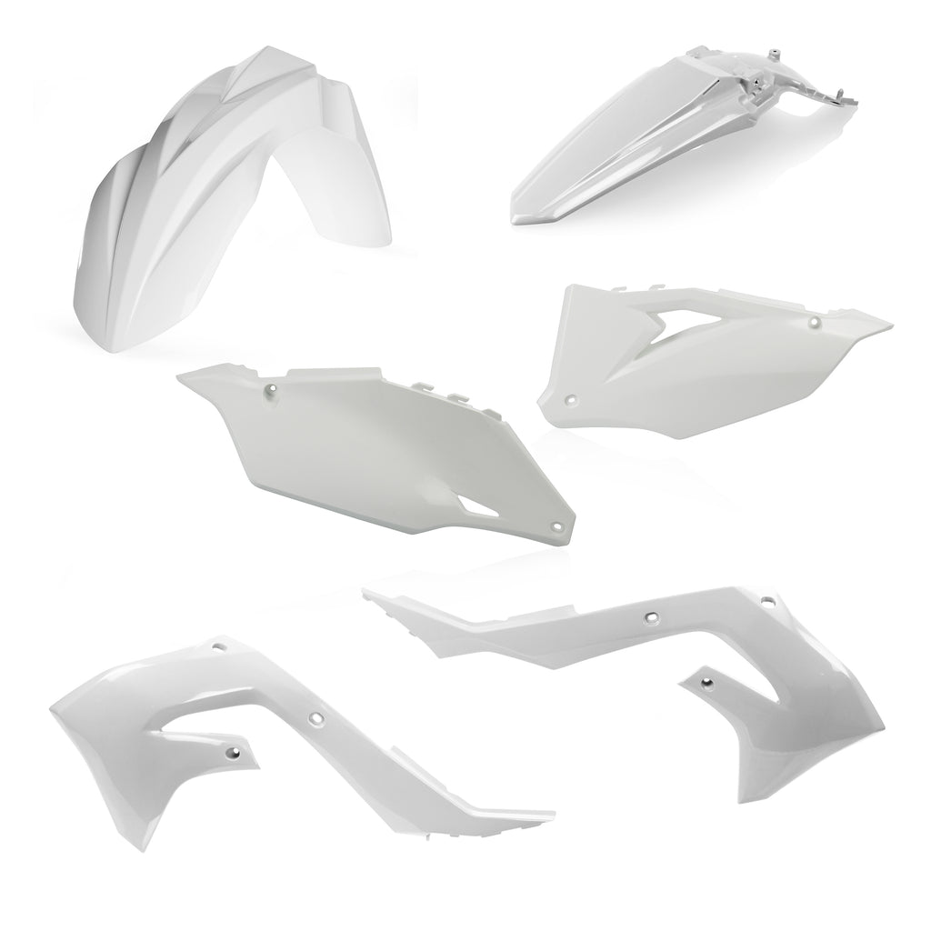 Acerbis white plastic kit with various molded components, designed for motorcycle or dirt bike repairs and customization.