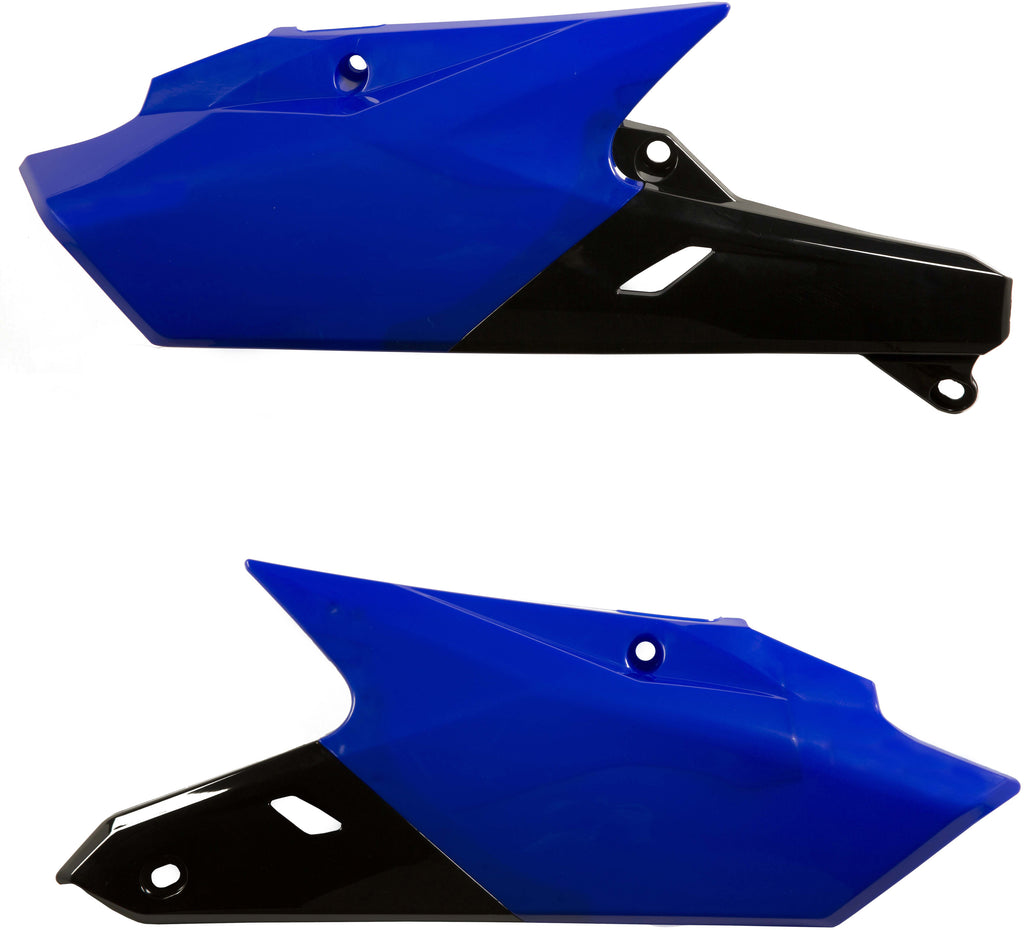 Acerbis blue and black side panels for motorcycle, showing their textured surface and mounting points.