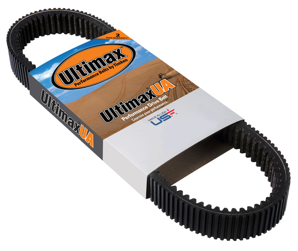 Ultimax Ua Drive Belt 211-473 showing a black rubber belt with reinforced edges and metal pulley in a close-up view