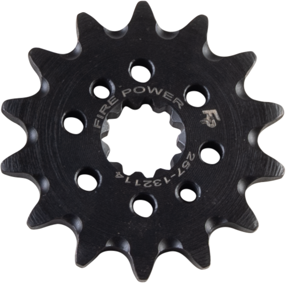 Steel 14-tooth front CS sprocket for Honda CRF250 by Fire Power, showing the gear's detailed teeth and metal finish.