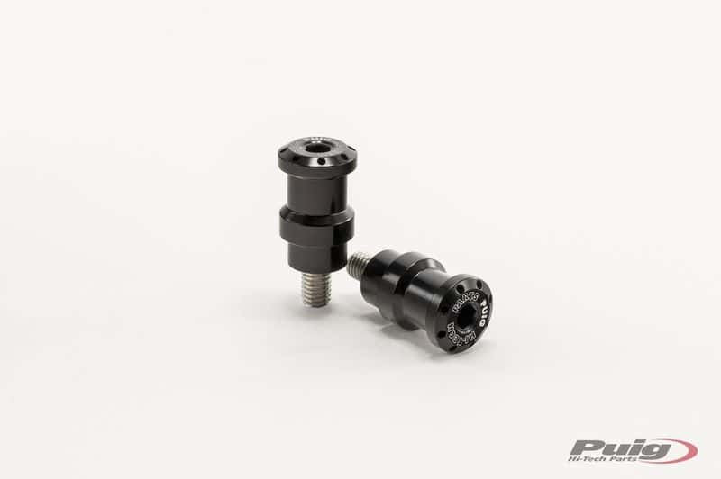 Black PUIG Swingarm Spools Hi-Tech 8mm pair, motorcycle body accessories with mounting hardware, shown on a bike's swingarm.