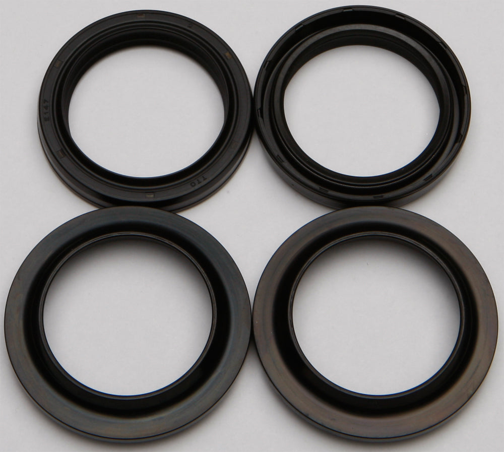 All Balls Fork and Dust Seal Wiper Kit 22-56165 for motorcycle suspension, showing new seals and wipers installed on fork tubes.