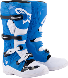 Alpine Star Tech 5 motocross boots in blue and white, size 10, featuring protective design and branding details.