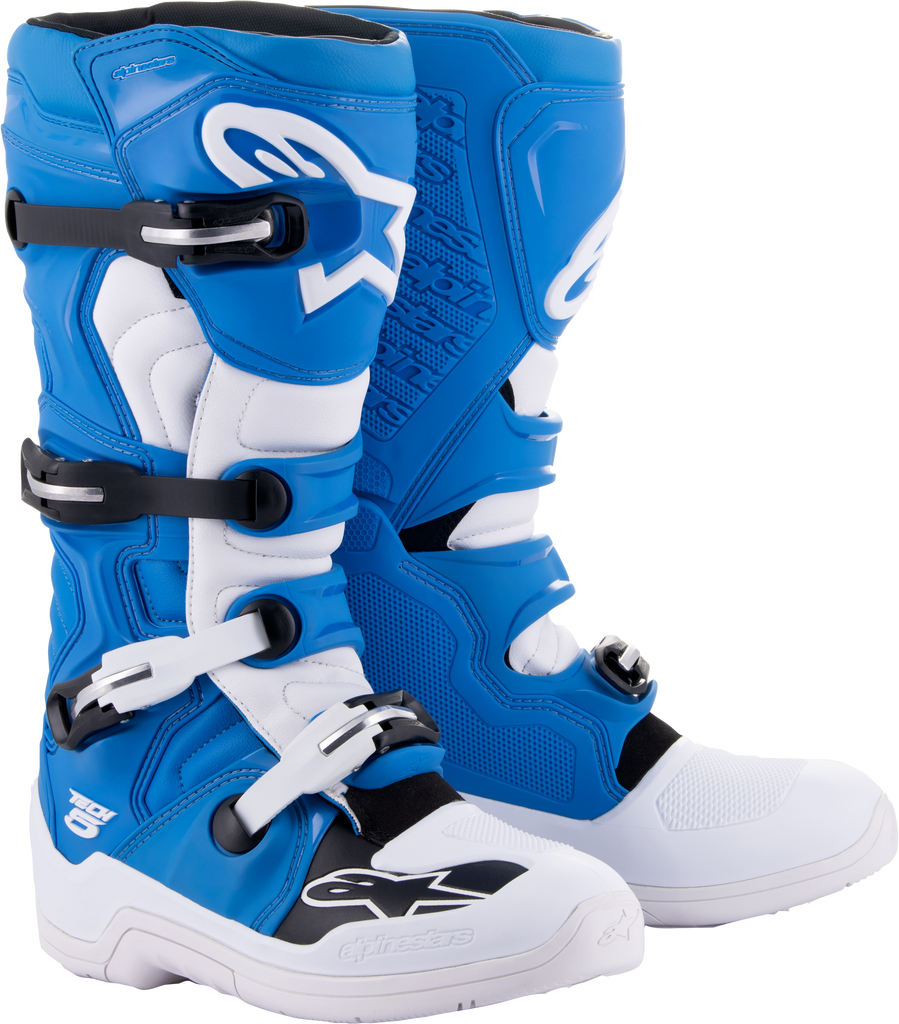 Alpine Star Tech 5 motorcycle boots in blue and white, size 7, with sturdy design and protective features.