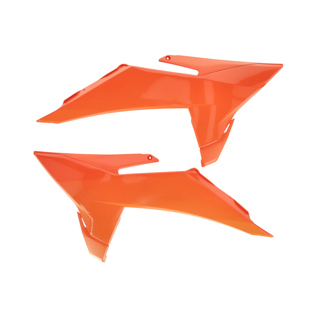 Acerbis KTM orange radiator shroud body for motorcycle, featuring sleek design and branding, mounted on KTM bike.