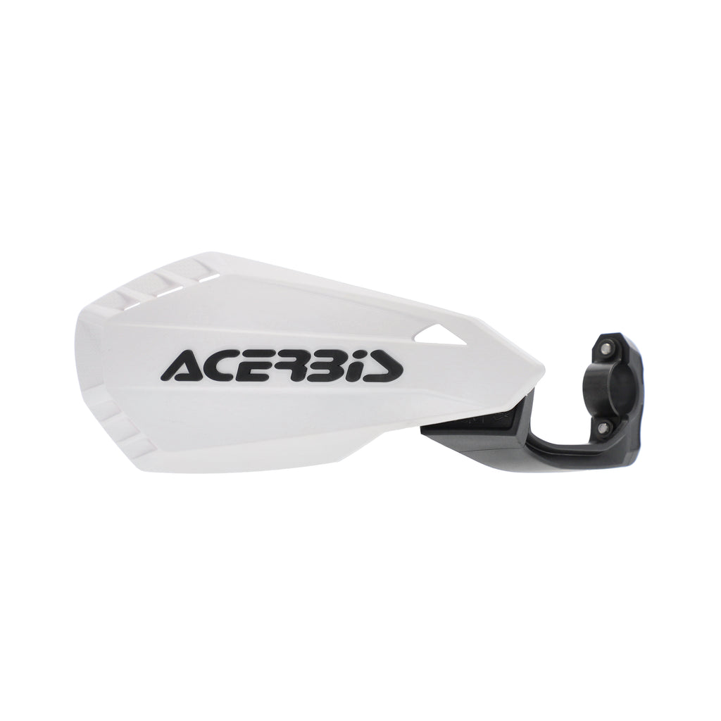 Acerbis Firstmoto MX handguard mounted on a motorcycle handlebar, with black protective shield and mounting hardware visible.