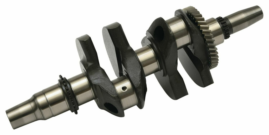 Hot Rods engine crankshaft without rods, polished metal finish, detailed view of the automotive engine component.