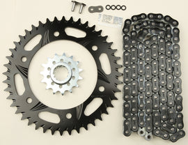 VORTEX sprocket and chain kit with black aluminum 15/44T sprockets for 520 chain, featuring Stl/Alu construction.