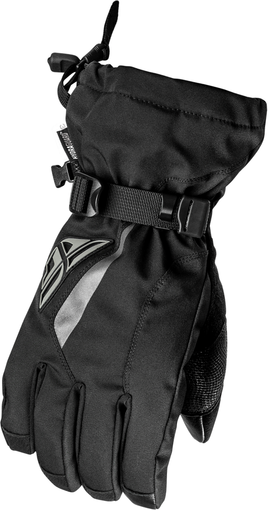 Fly Racing Title Gauntlet Gloves in black, featuring protective knuckles and adjustable wrist straps for motorcycle riding.