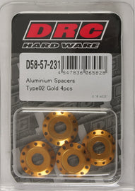 DRC Aluminum Spacers Type 2 Gold M6x12mm, set of 4, with a close-up of the gold-colored spacers on a plain background