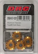 Load image into Gallery viewer, DRC Aluminum Spacers Type 2 Gold M6x12mm, 4-pack, with threaded holes, compact and lightweight for precise mounting applications