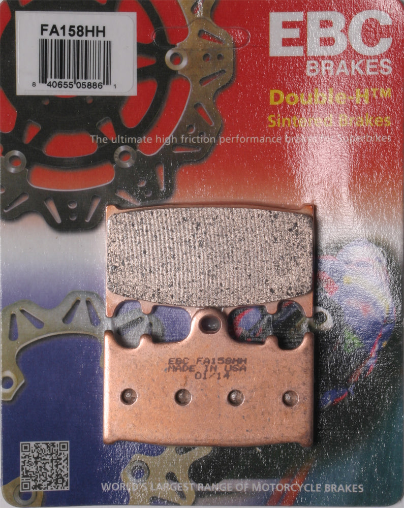 EBC Motorcycle Brakes brake pads 15-158H set showing black brake pad material with metal backing plates for motorcycle braking system