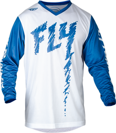Fly Racing Youth F-16 jersey in true blue and white, showing the lightweight fabric and vibrant color design for motocross riding.