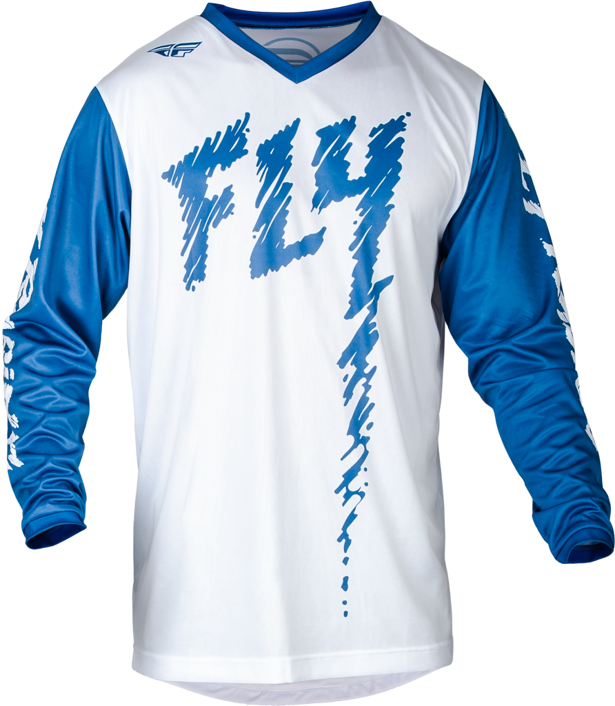Fly Racing Youth F-16 Jersey in True Blue and White, showing the lightweight fabric and vibrant color design.