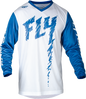 Fly Racing Youth F-16 Jersey in True Blue and White, showing the lightweight fabric and vibrant color design.