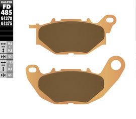 GALFER sintered ceramic brake pads FD485G1375 for bikes, showing the metal backing and brake pad surface with branding details.