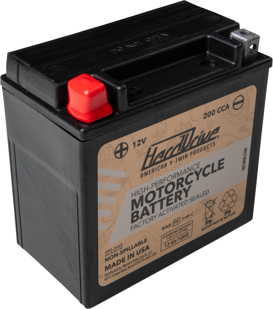 HARDDRIVE YTX-14 high-performance motorcycle battery with 200 CCA, showcasing the battery's compact design and terminal layout.