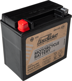HARDDRIVE YTX-14 high-performance motorcycle battery with 200 CCA, showcasing the battery's compact design and terminal layout.
