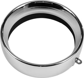 Chrome Frenched headlight trim ring with 5-3/4 inch tab style for HardDrive vehicles, model 820-0322, shown on vehicle headlight.
