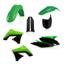 Load image into Gallery viewer, Acerbis green plastic kit with various unassembled motorcycle parts, including panels and brackets, on a white background.