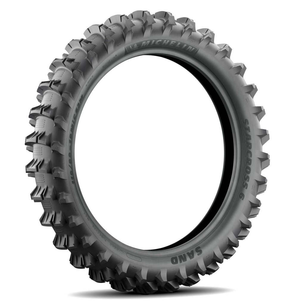 Michelin Starcross 6 Sand rear off-road tire, 110/90-19 size, bias ply Tt 87-94605, with tread pattern for sand riding.
