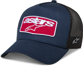 Alpine Star navy and black Focus Trucker Hat with mesh back and curved brim, casual outdoor headwear.