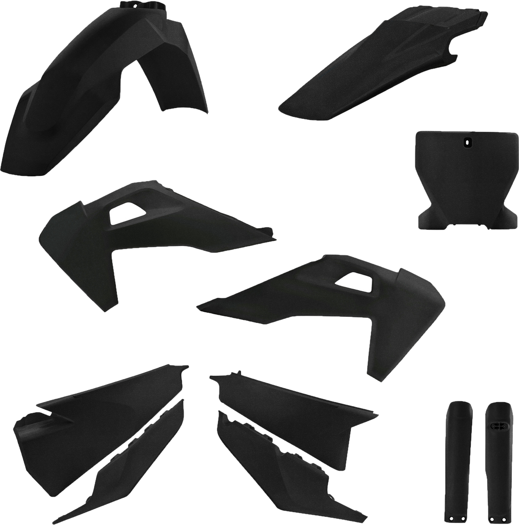 Acerbis Hus full plastic body kit in black metallic, includes side panels and body parts for Hus motorcycle.