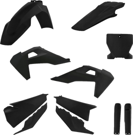 Acerbis Hus full plastic body kit in black metallic, includes side panels and body parts for Hus motorcycle.
