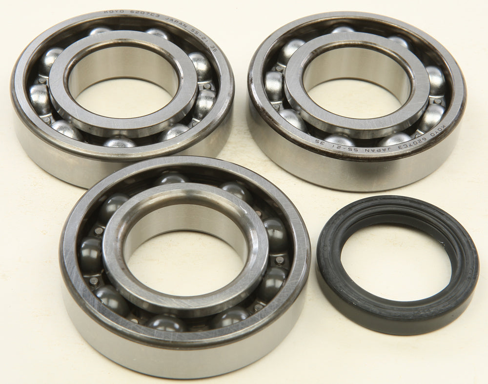 All Balls crankshaft bearing kit for engine, showing multiple bearings and components in packaging, designed for engine maintenance.