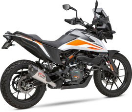 Yoshimura Street At2 Works slip-on exhaust with stainless steel and carbon fiber components, designed for performance motorcycles.