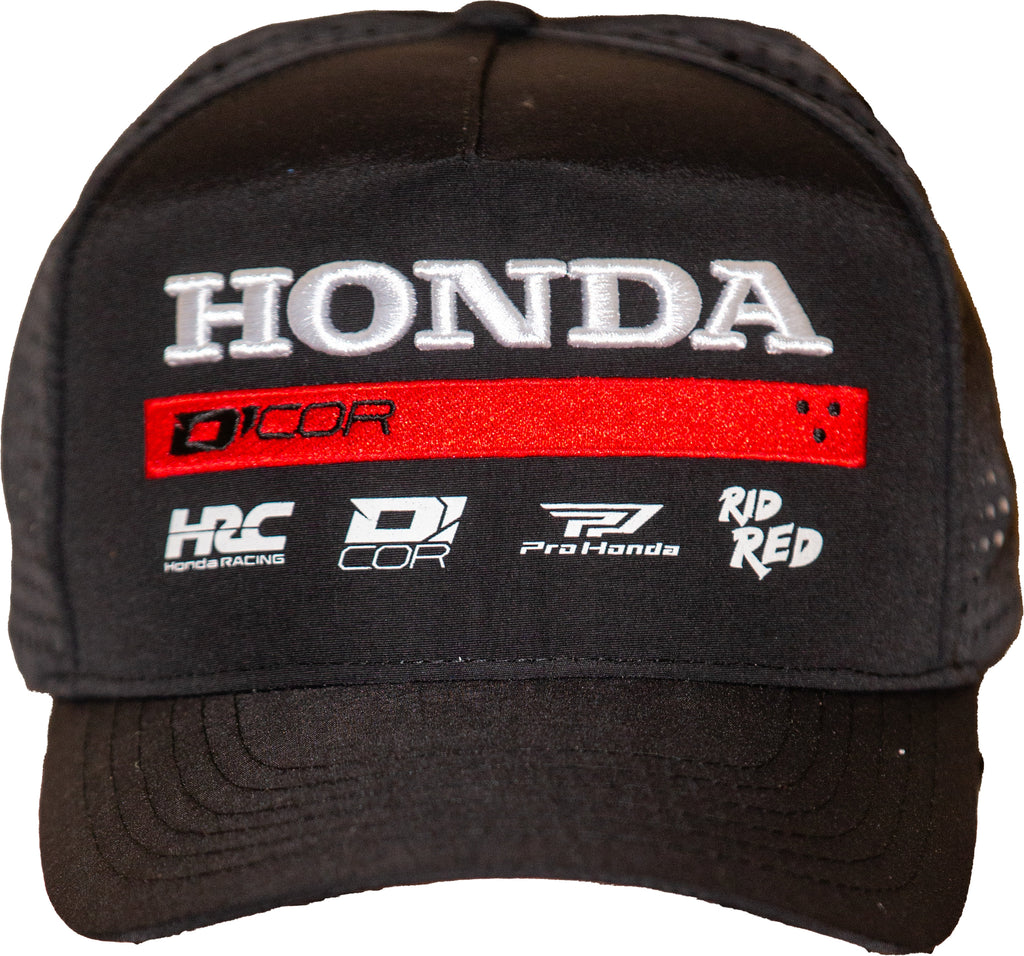 DCOR Honda Factory2 Snap-Back cap in black, featuring adjustable strap and embroidered logo, casual headwear for Honda enthusiasts