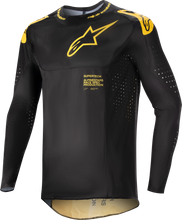 Load image into Gallery viewer, Alpine Star Supertech Ward Jersey in black and yellow, medium size, featuring breathable fabric and racing-inspired design.