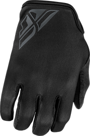 Fly Racing Radium Gloves in black, featuring padded palms and adjustable wrist closures for motocross or biking comfort.